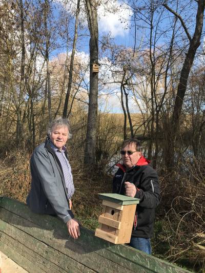 Naturschutzmaßnahmen am Birkenbach - CDU tut was für Bienen und Vögel - Herr Sorg und CDU-Gemeinderat Reinhold Dick beim Aufhängen der Nistkästen